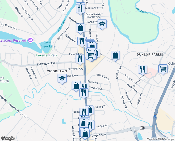 map of restaurants, bars, coffee shops, grocery stores, and more near 100 Taswell Avenue in Colonial Heights