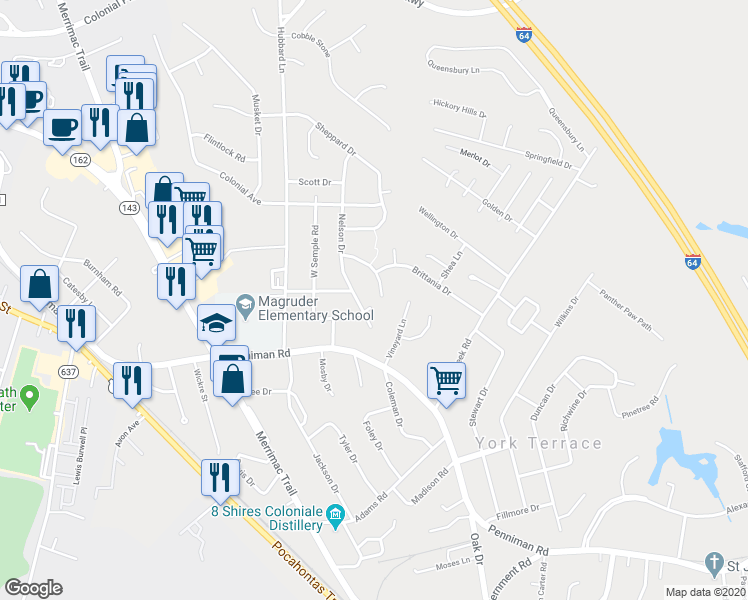 map of restaurants, bars, coffee shops, grocery stores, and more near 210 Bruton Drive in Williamsburg