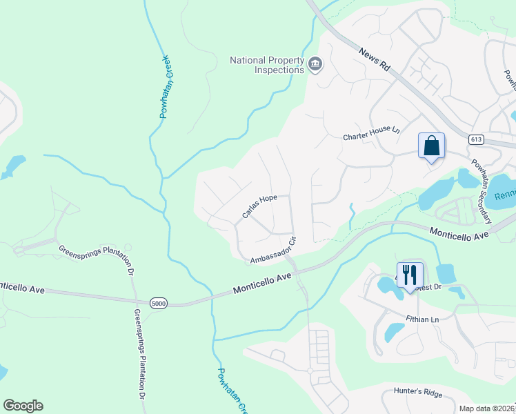 map of restaurants, bars, coffee shops, grocery stores, and more near 3723 Carlas Hope Road in Williamsburg