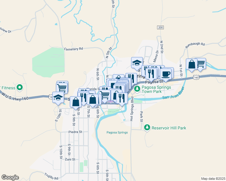 map of restaurants, bars, coffee shops, grocery stores, and more near 188 North 5th Street in Pagosa Springs