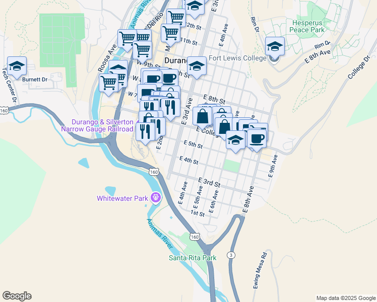 map of restaurants, bars, coffee shops, grocery stores, and more near 429 East 4th Avenue in Durango