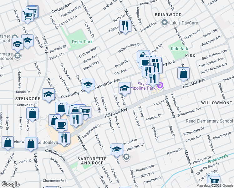 map of restaurants, bars, coffee shops, grocery stores, and more near 3158 Julio Avenue in San Jose
