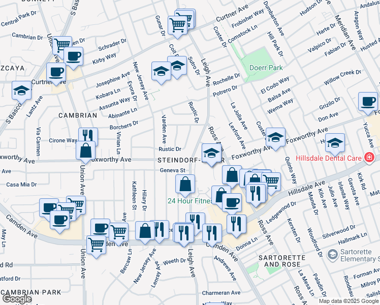 map of restaurants, bars, coffee shops, grocery stores, and more near 1857 Foxworthy Avenue in San Jose
