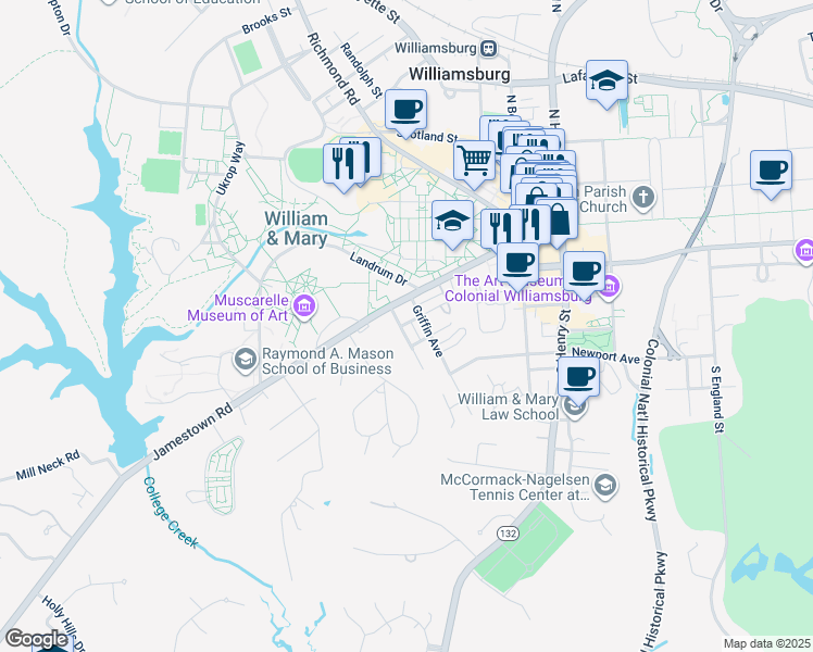 map of restaurants, bars, coffee shops, grocery stores, and more near 207 Cary Street in Williamsburg