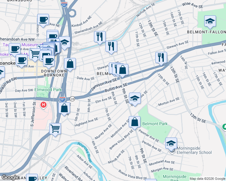 map of restaurants, bars, coffee shops, grocery stores, and more near 717 SE Bullitt Ave in Roanoke