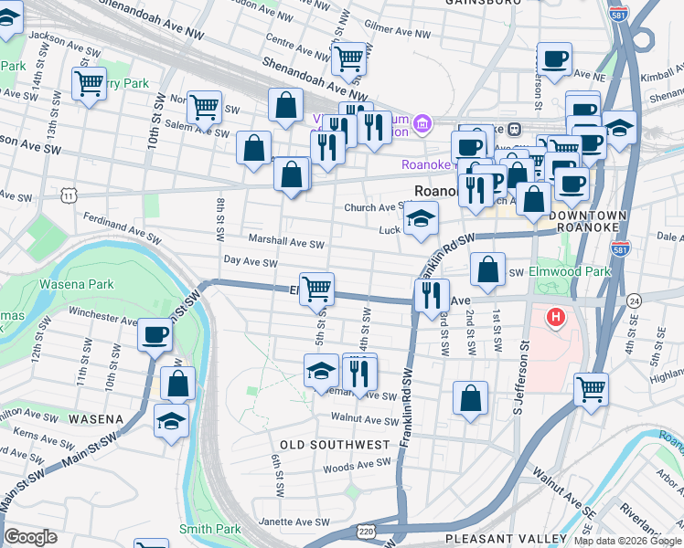 map of restaurants, bars, coffee shops, grocery stores, and more near 431 Elm Avenue in Roanoke