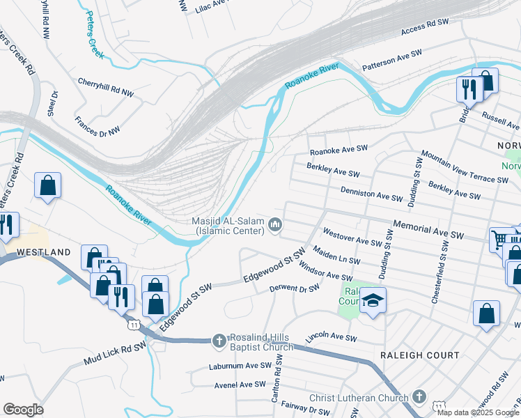 map of restaurants, bars, coffee shops, grocery stores, and more near 2657 Westover Avenue Southwest in Roanoke