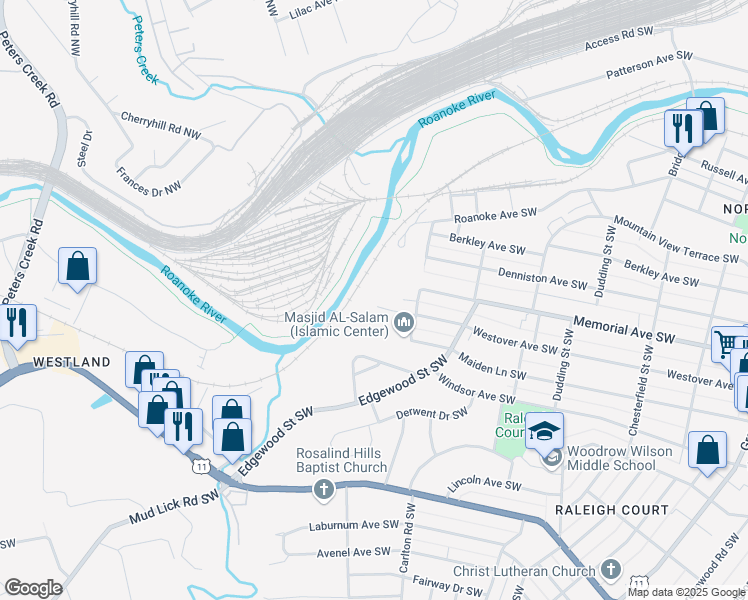 map of restaurants, bars, coffee shops, grocery stores, and more near 2657 Westover Avenue Southwest in Roanoke