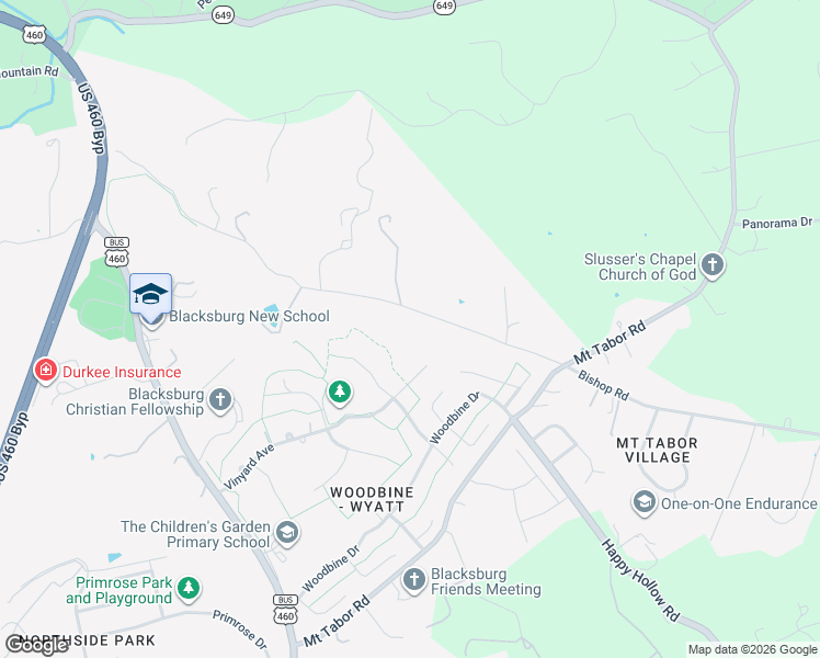 map of restaurants, bars, coffee shops, grocery stores, and more near 1000 Bishop Road in Blacksburg