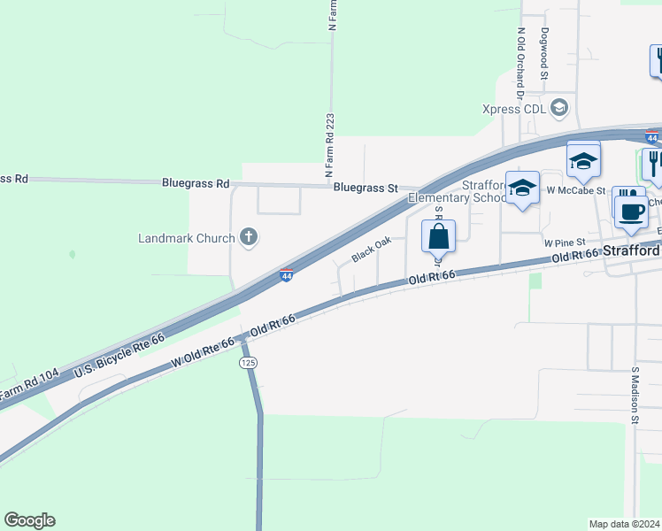 map of restaurants, bars, coffee shops, grocery stores, and more near 207 South Oakcliff Avenue in Strafford