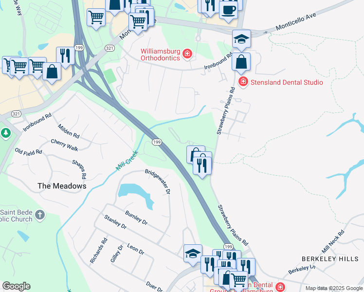 map of restaurants, bars, coffee shops, grocery stores, and more near 3813 Staffordshire Lane in Williamsburg