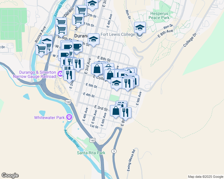 map of restaurants, bars, coffee shops, grocery stores, and more near 623 East 5th Street in Durango