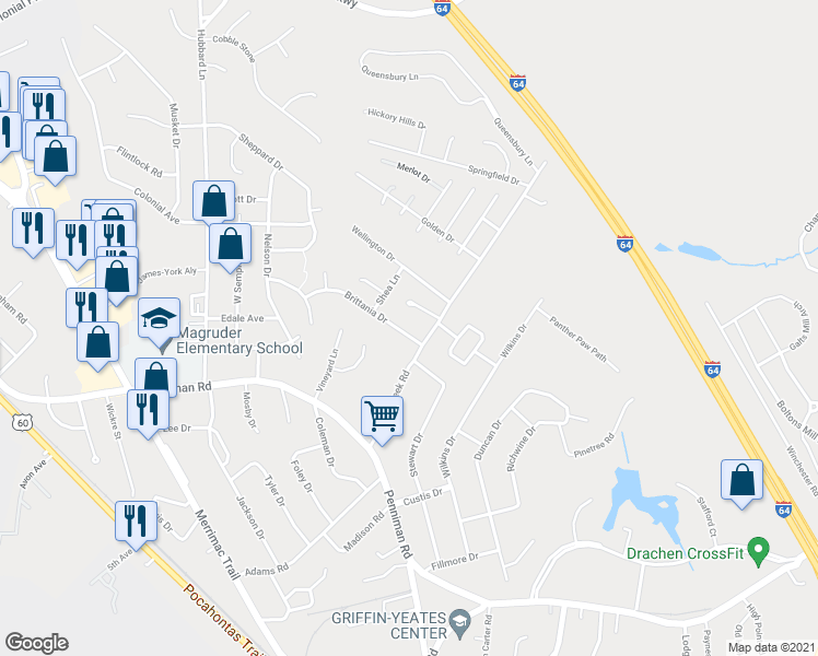 map of restaurants, bars, coffee shops, grocery stores, and more near 104 Brittania Drive in Williamsburg