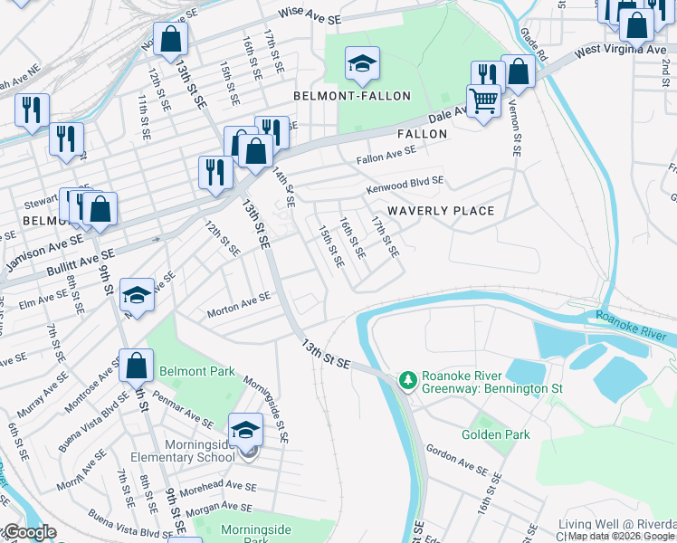 map of restaurants, bars, coffee shops, grocery stores, and more near 1217 15th Street Southeast in Roanoke