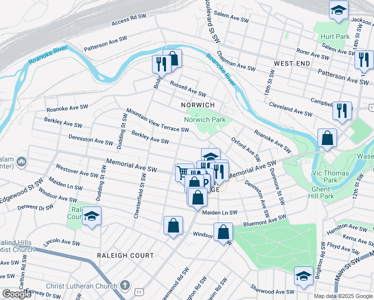map of restaurants, bars, coffee shops, grocery stores, and more near 2040 Berkley Avenue Southwest in Roanoke
