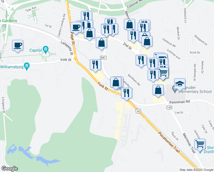 map of restaurants, bars, coffee shops, grocery stores, and more near 203 Powhatan Street in Williamsburg