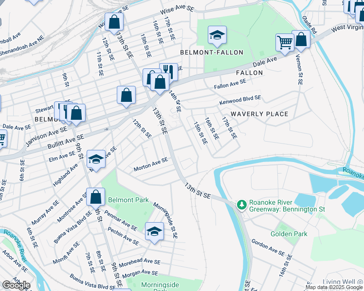 map of restaurants, bars, coffee shops, grocery stores, and more near 1326 Morton Avenue Southeast in Roanoke