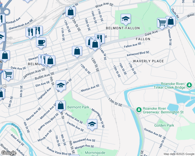 map of restaurants, bars, coffee shops, grocery stores, and more near 1125 13th Street Southeast in Roanoke