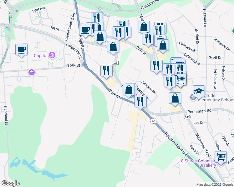 map of restaurants, bars, coffee shops, grocery stores, and more near 411 York Street in Williamsburg