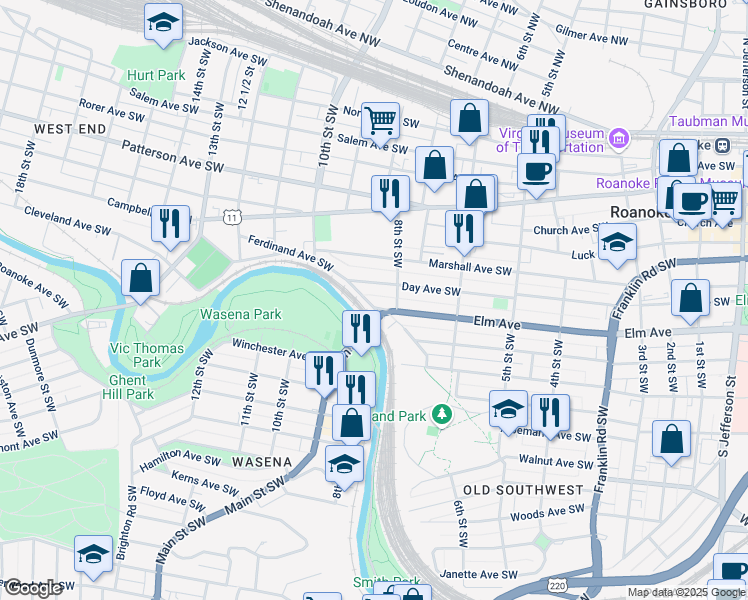 map of restaurants, bars, coffee shops, grocery stores, and more near 821 Ferdinand Avenue Southwest in Roanoke