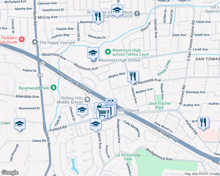 map of restaurants, bars, coffee shops, grocery stores, and more near 4712 West Hacienda Avenue in Campbell