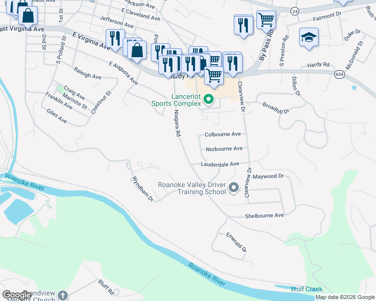 map of restaurants, bars, coffee shops, grocery stores, and more near 970 Niagara Road in Vinton
