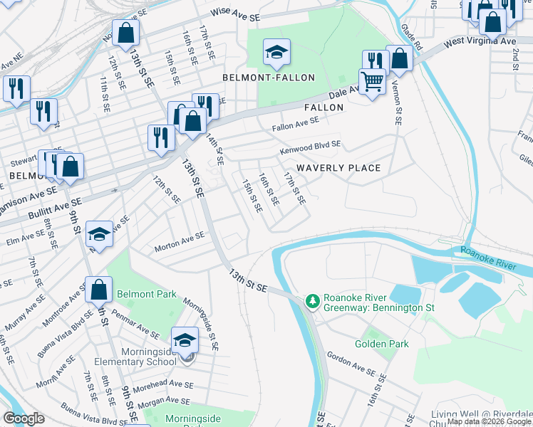 map of restaurants, bars, coffee shops, grocery stores, and more near 1217 15th Street Southeast in Roanoke