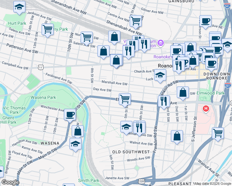 map of restaurants, bars, coffee shops, grocery stores, and more near 521 Elm Avenue in Roanoke