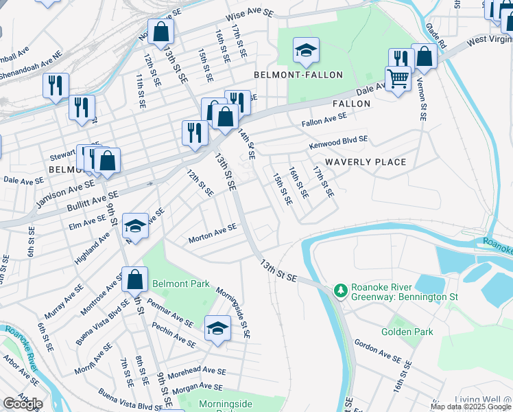 map of restaurants, bars, coffee shops, grocery stores, and more near 1326 Morton Avenue Southeast in Roanoke