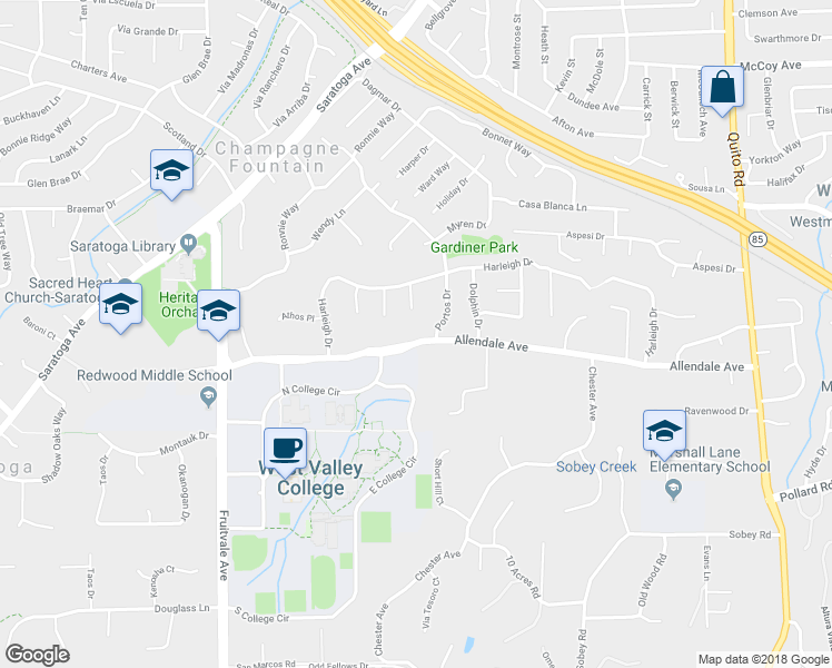 map of restaurants, bars, coffee shops, grocery stores, and more near 19127 Allendale Avenue in Saratoga