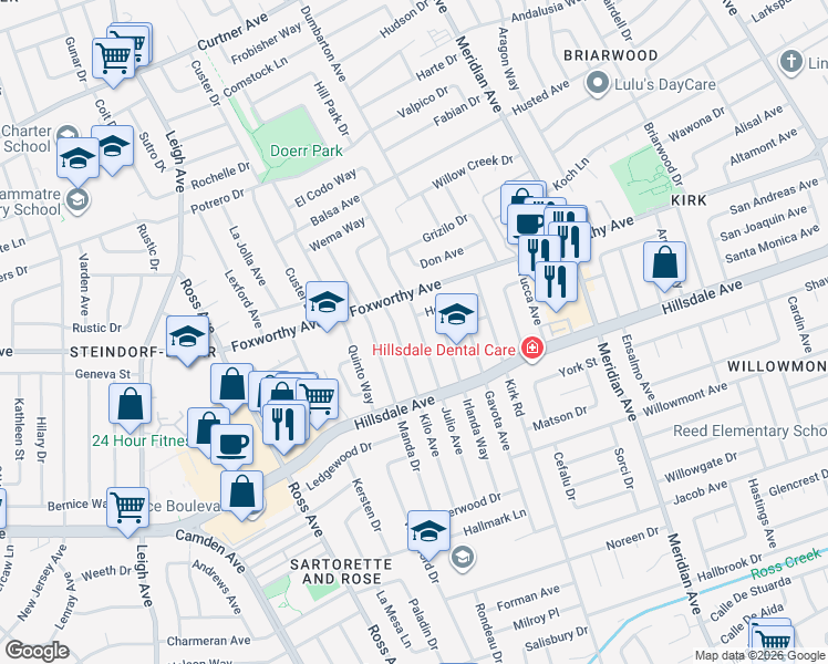 map of restaurants, bars, coffee shops, grocery stores, and more near 3101 Julio Avenue in San Jose