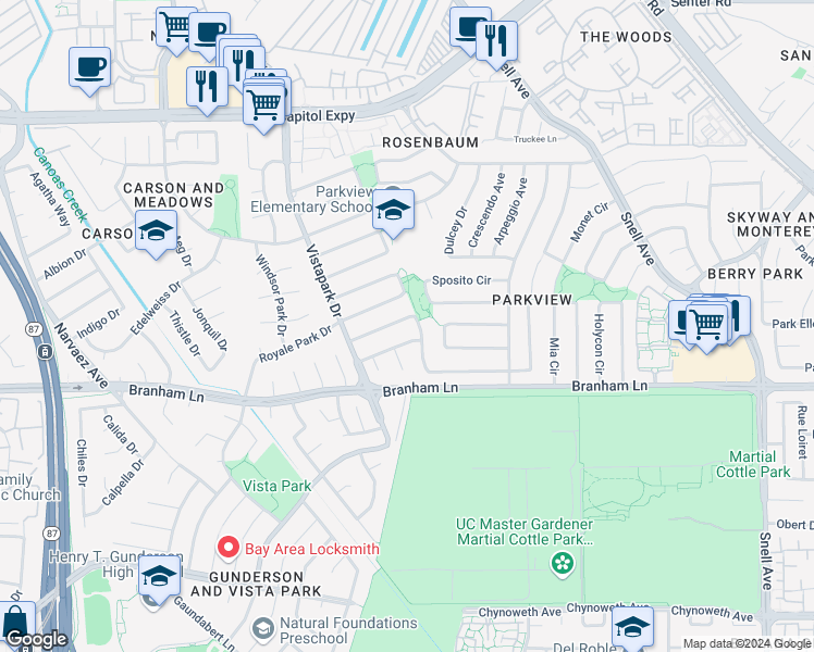 map of restaurants, bars, coffee shops, grocery stores, and more near 376 Greenpark Way in San Jose