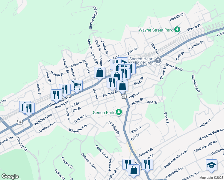 map of restaurants, bars, coffee shops, grocery stores, and more near Russell Terrace in Bluefield
