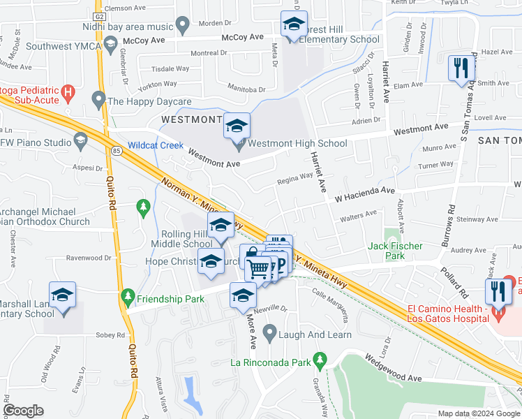 map of restaurants, bars, coffee shops, grocery stores, and more near 4765 Del Loma Court in Campbell