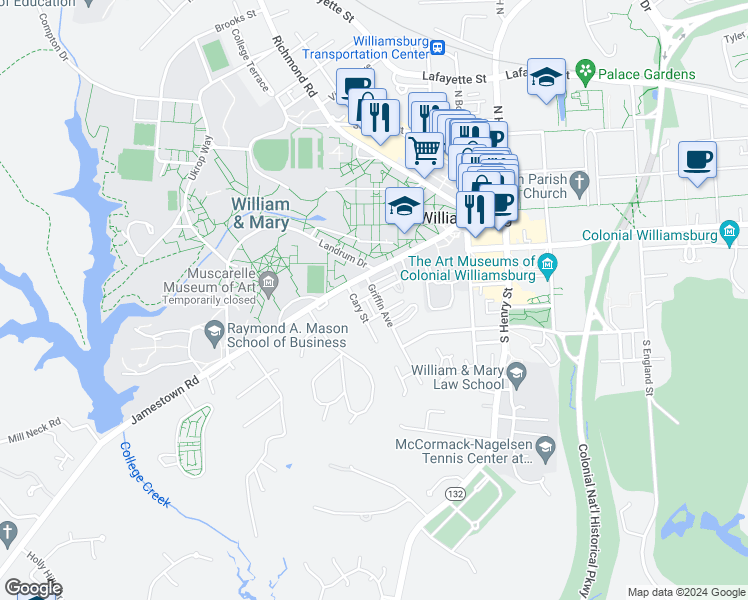 map of restaurants, bars, coffee shops, grocery stores, and more near 228 Griffin Avenue in Williamsburg