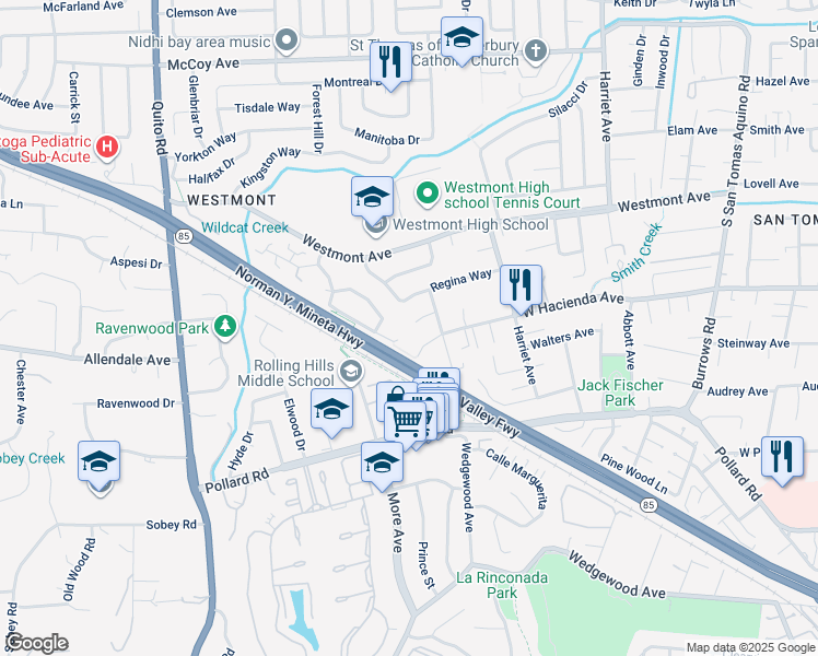 map of restaurants, bars, coffee shops, grocery stores, and more near 4765 Del Loma Court in Campbell