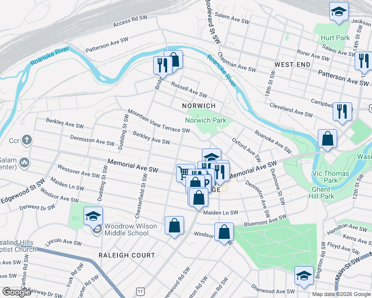 map of restaurants, bars, coffee shops, grocery stores, and more near 2044 Berkley Avenue Southwest in Roanoke