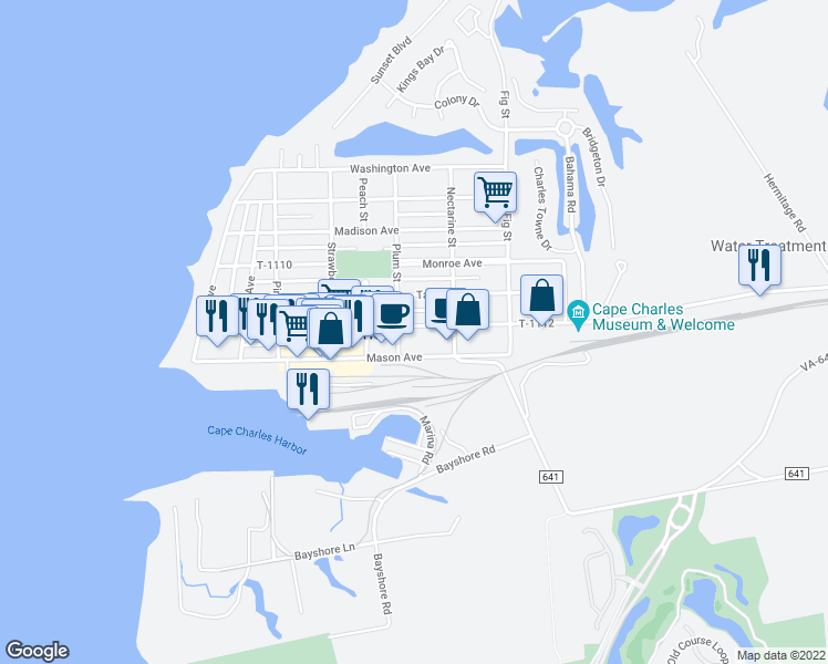 map of restaurants, bars, coffee shops, grocery stores, and more near 516 Randolph Avenue in Cape Charles
