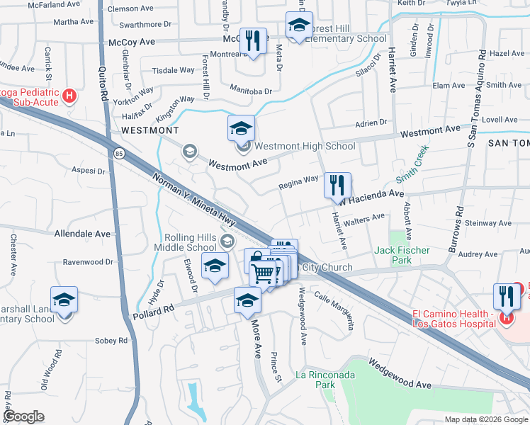 map of restaurants, bars, coffee shops, grocery stores, and more near 4765 Del Loma Court in Campbell
