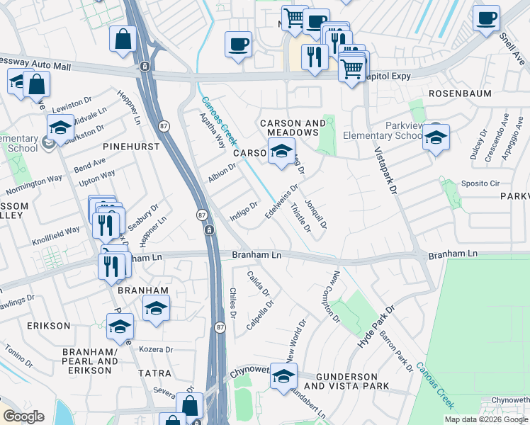 map of restaurants, bars, coffee shops, grocery stores, and more near 551 Edelweiss Drive in San Jose