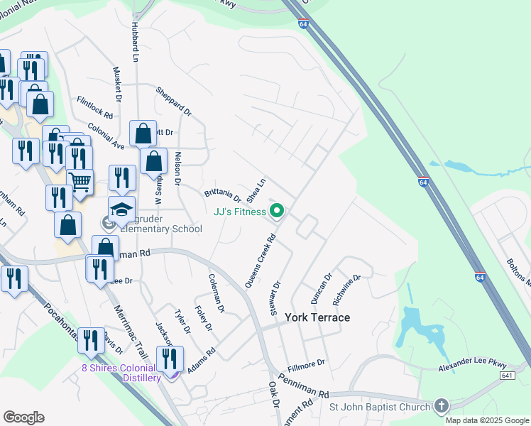 map of restaurants, bars, coffee shops, grocery stores, and more near 106 Brittania Drive in Williamsburg
