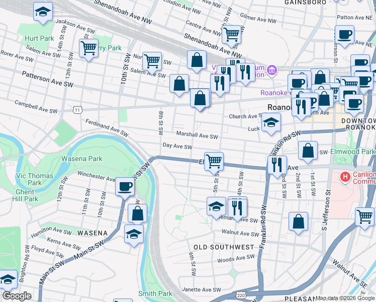 map of restaurants, bars, coffee shops, grocery stores, and more near 602 Day Avenue Southwest in Roanoke