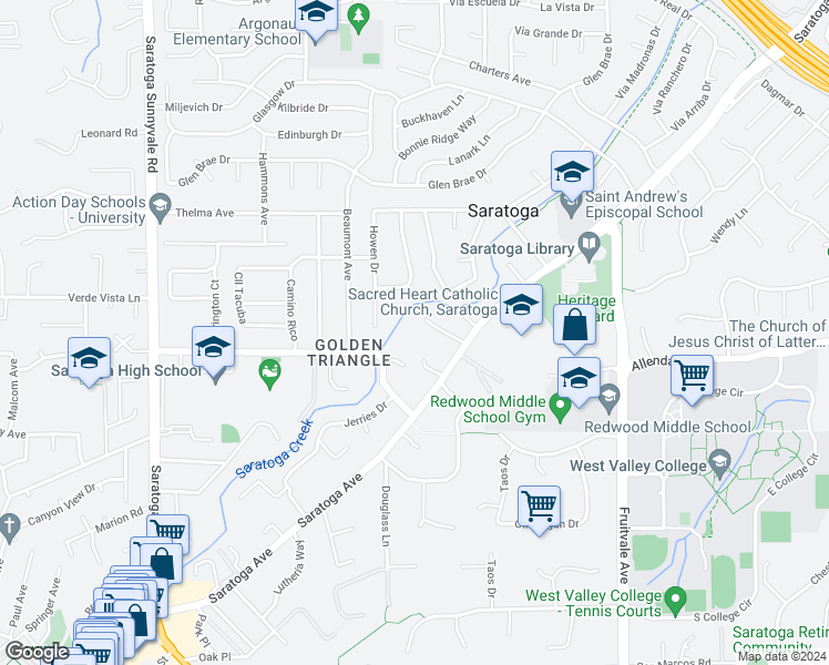 map of restaurants, bars, coffee shops, grocery stores, and more near 13845 Saratoga Avenue in Saratoga