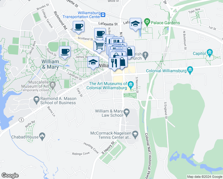 map of restaurants, bars, coffee shops, grocery stores, and more near 306 South Boundary Street in Williamsburg