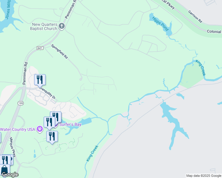 map of restaurants, bars, coffee shops, grocery stores, and more near 105 Stoney Inlet Court in Williamsburg