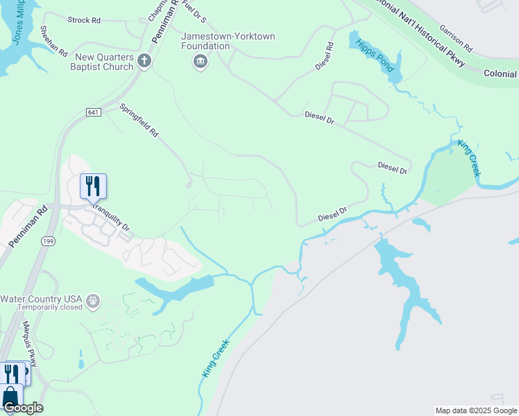 map of restaurants, bars, coffee shops, grocery stores, and more near 105 Stoney Inlet Court in Williamsburg