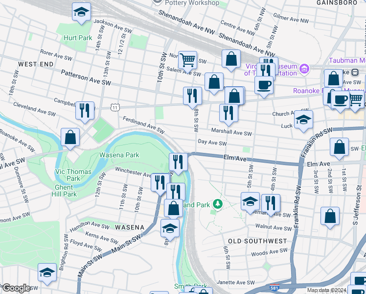 map of restaurants, bars, coffee shops, grocery stores, and more near 829 Ferdinand Avenue Southwest in Roanoke