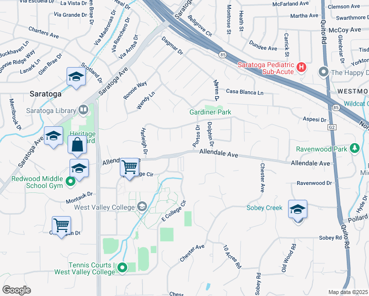 map of restaurants, bars, coffee shops, grocery stores, and more near 19127 Allendale Avenue in Saratoga