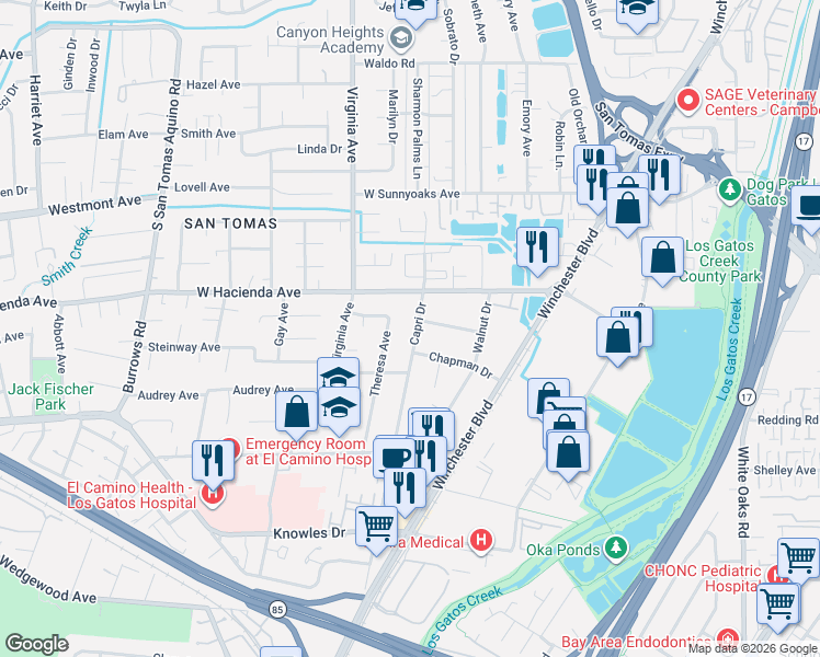 map of restaurants, bars, coffee shops, grocery stores, and more near 1285 Capri Drive in Campbell