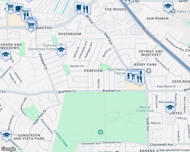 map of restaurants, bars, coffee shops, grocery stores, and more near 275 Clearpark Circle in San Jose